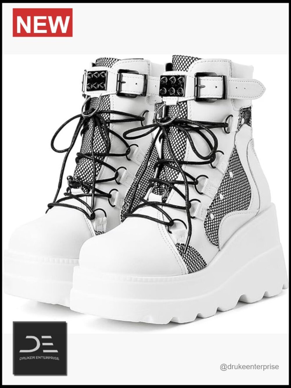 Holographic Platform Buckle Combat Wedge Ankle Boots Lace Up
